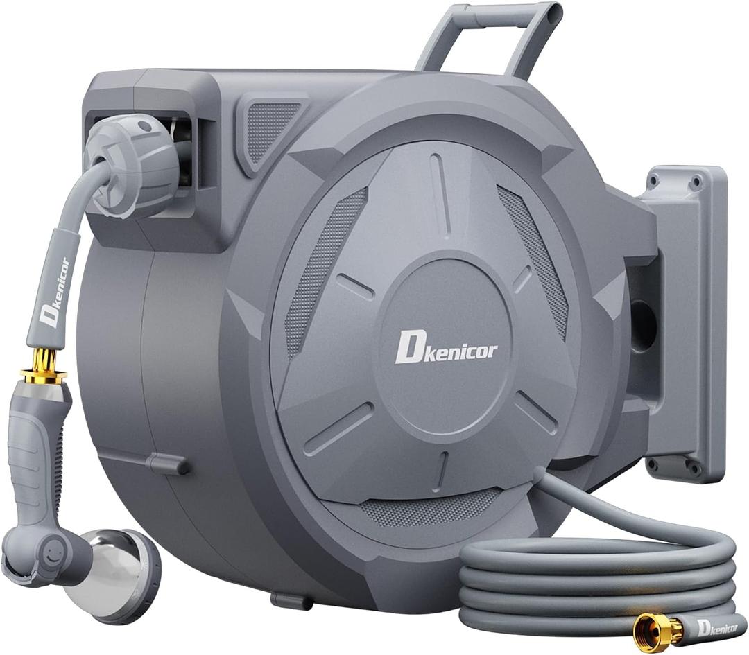 5/8" 110 ft Retractable Hose Reel, Heavy Duty Retractable Garden Hose Reel Wall Mounted with 10-Pattern Hose Nozzle/Any Length Lock/Slow Return System/180Swivel Bracket