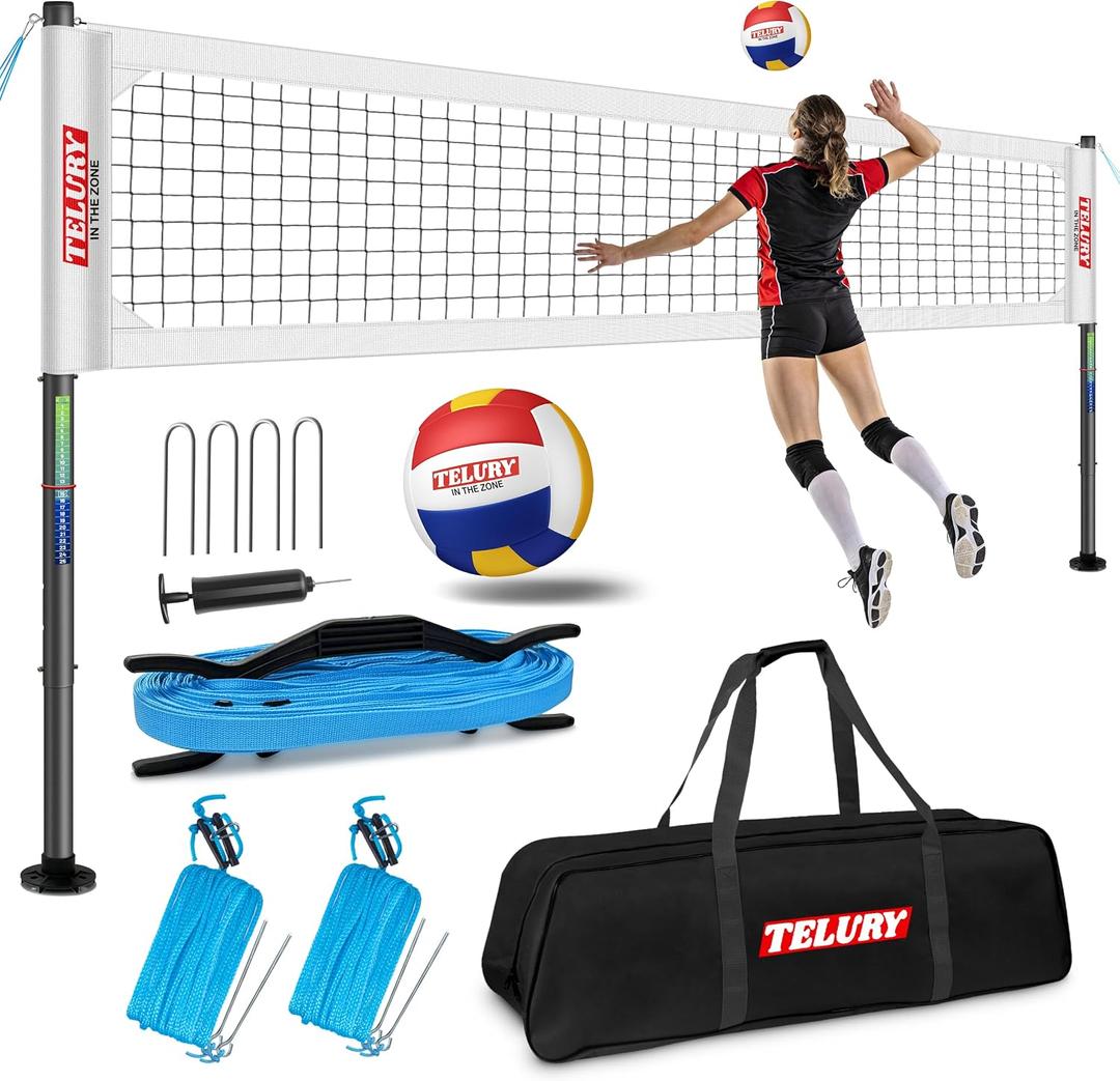 Heavy Duty Professional Volleyball Net Set Aluminum Poles, 32 ft Regulation Portable for Outdoor Backyard Beach, Anti-Sag, Adjustable Height & Length with Carry Bag