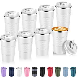 Volhoply 13 oz Stainless Steel Insulated Travel Coffee Mug with Fip Lid Bulk 8 Pack,Reusable Double Wall Vacuum Metal Coffee Cup,Portable Leak Proof Thermal Tumbler for Hot & Cold Drinks(White,8)