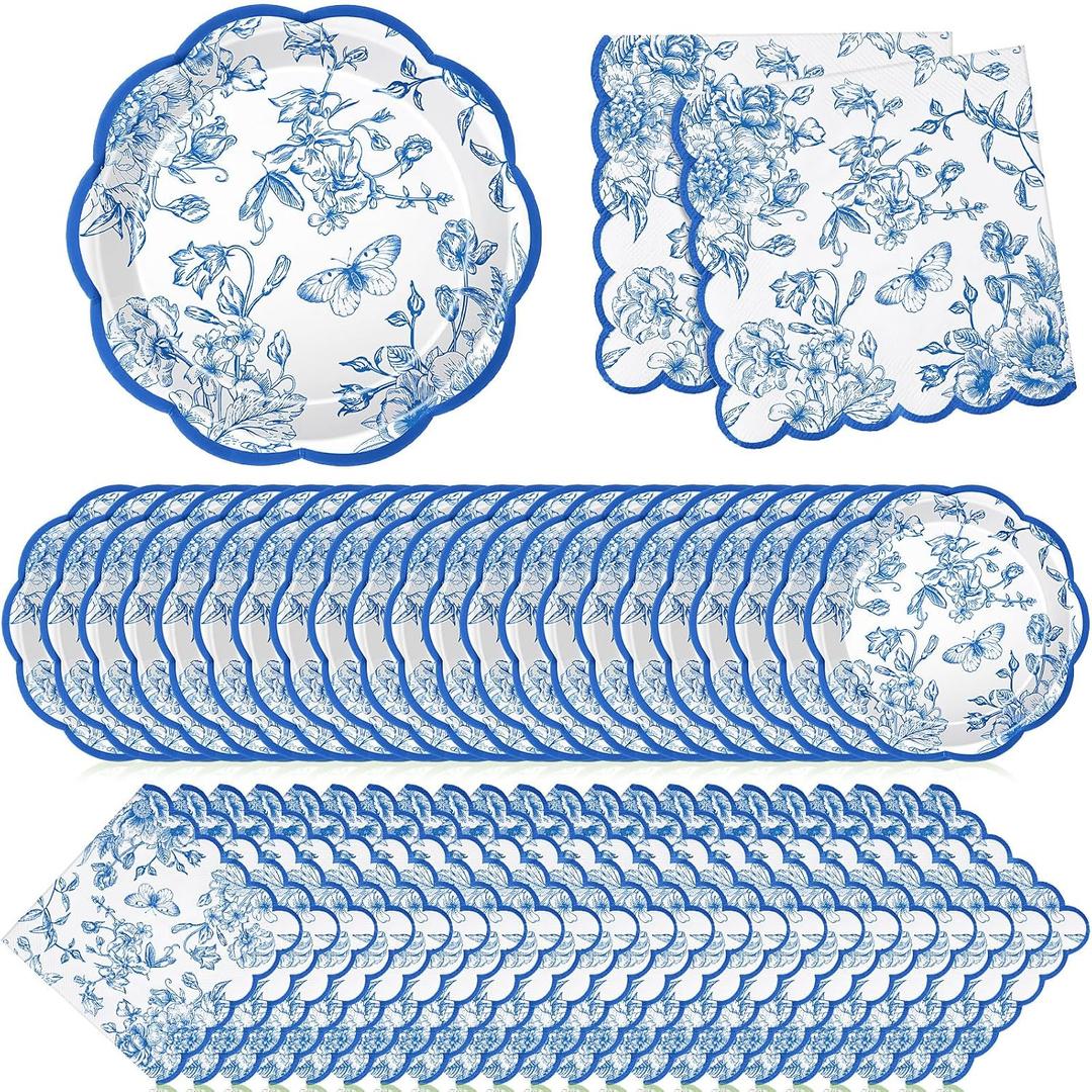 Willinglong 120 Pcs Floral Paper Plates and Napkins Bulk Disposable Napkin 2-ply Scalloped Paper Plates Dinnerware Sets for Wedding Baby Shower Birthday Party Decorations (Blue)