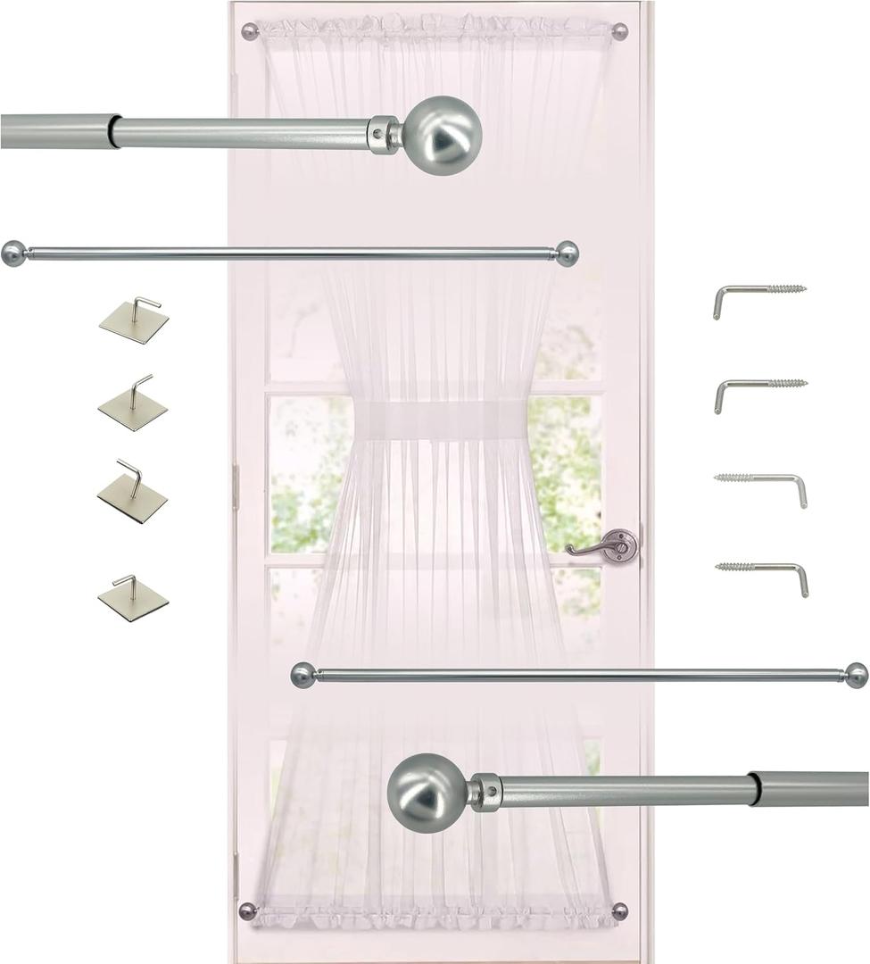 French Door Curtain Rod, Dual Installation (Screws or Adhesive), 3/8 Inch Diameter Small Satin Nickel Sash Curtain Rod, Set of 2