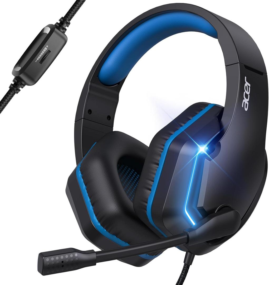 Acer Wired Gaming Headset for PS5, PS4, PC, Xbox Series X|S, Switch, Gaming Headphones with Noise Cancelling Microphone, LED Lights &50mm Speaker, 3.5mm Jack for Gaming, Black