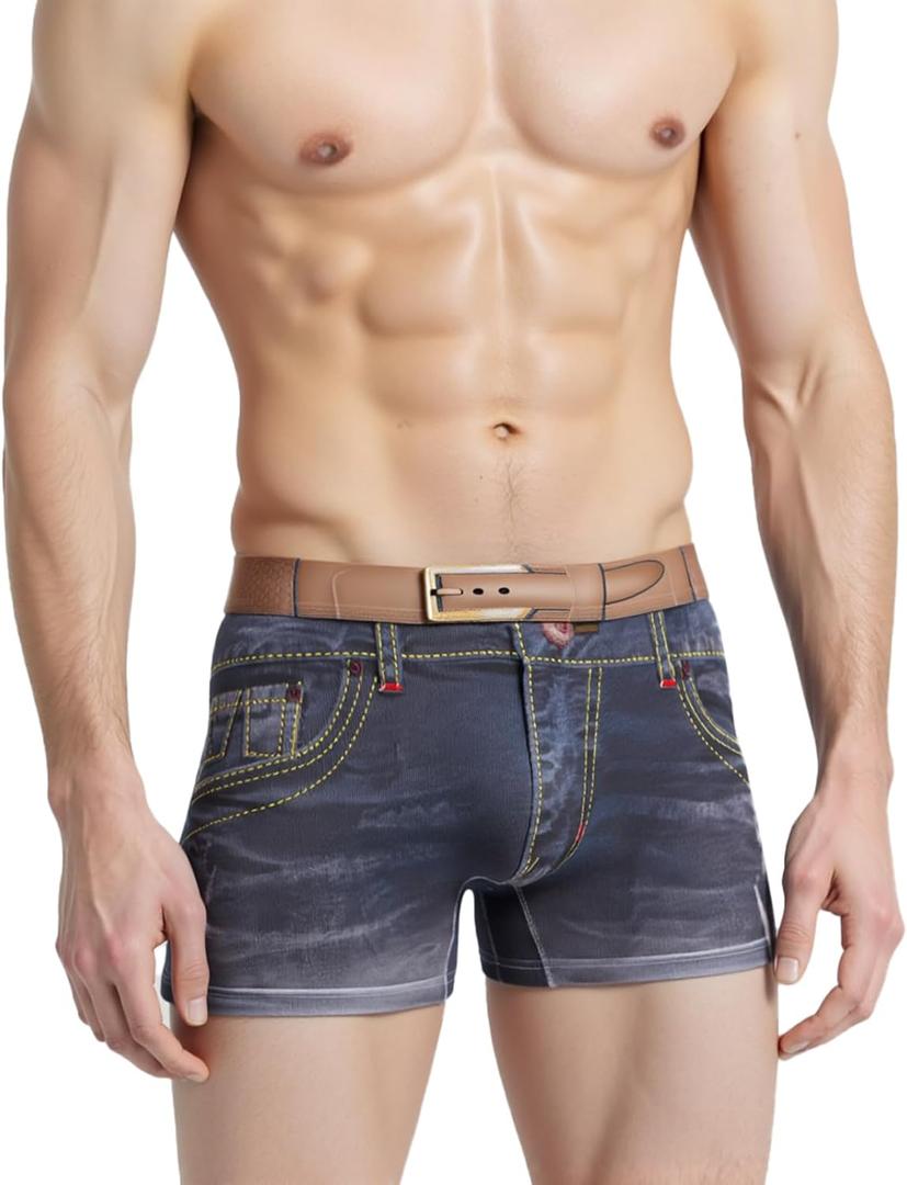 Meshal Men's Cotton Sexy Fake Jean Underwear Stretch 3D Denim Printed Personalized Boxer Briefs (XXXL)