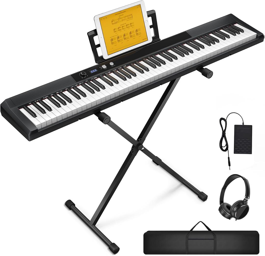 88 Key Semi-weighted Electronic Keyboard Piano,Full Size Digital Piano Portable Keyboard with Stand, Sustain Pedal, Power SupplyMIDI/USB/MP3 Function for Beginners at Home/StageBlack