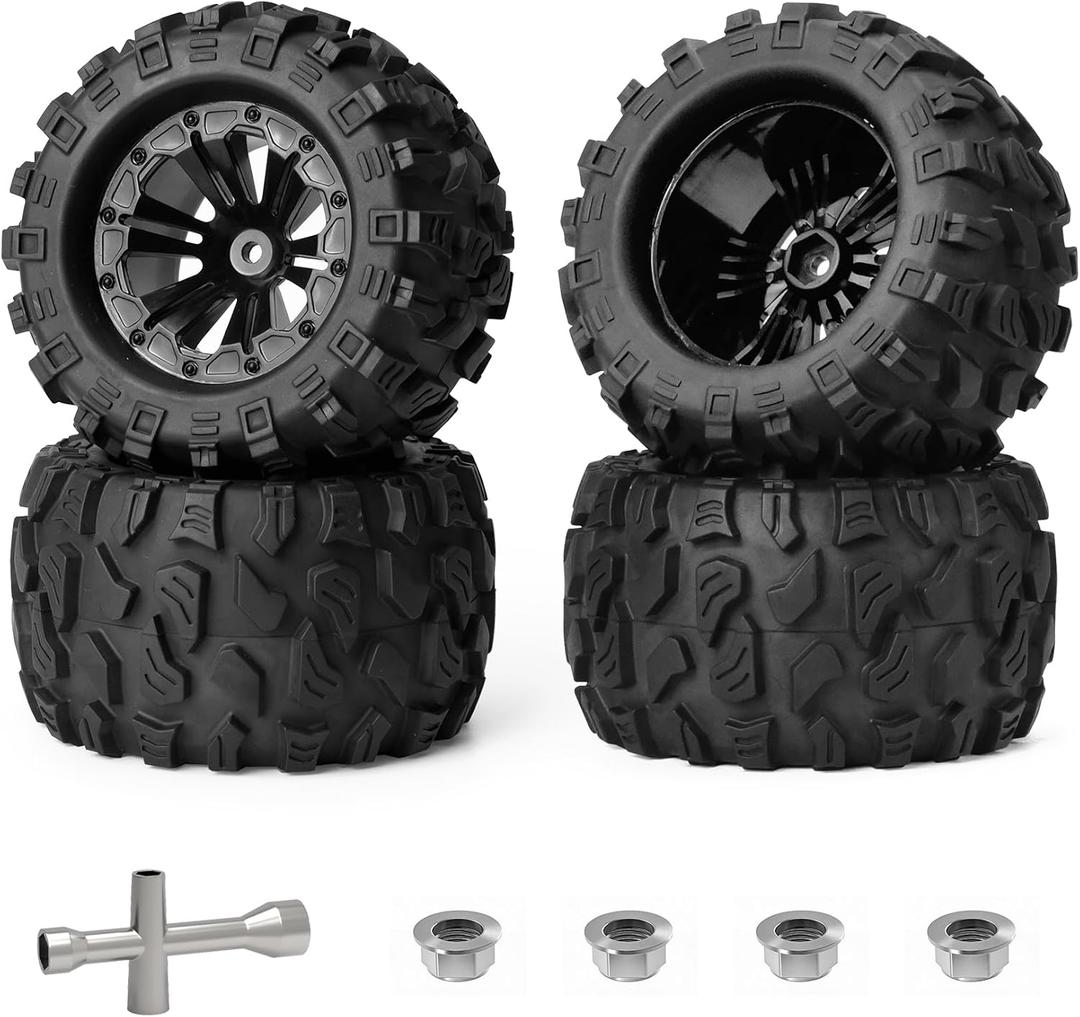 Hosim 75mm RC Wheels and Rubber Tires 12mm Hex for Redcat Volcano 1/10 Scale RC Car Parts, for Traxxas Rustler Stampede 4x4 VXL Hoss, for RIAARIO AMORIL RC Truck Tires RC Vehicle Tires Preglued 4PCS