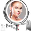 8" Wall Mounted Lighted Makeup Mirror, 3000mAh Rechargeable Double Sided 1X/10X Magnifying Mirror with Hook,3 Color Lights Dimmable 360 Rotation Vanity Mirror for Bathroom (Chrome-round)