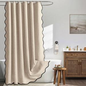 MIULEE 84" Long Scalloped Shower Curtain Linen Textured with 12 Metal Hooks Cute Extra Long Heavy Duty Washable Waterproof Cloth Shower Curtains with Black Border for Bathroom Hotel,Copper Brown