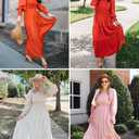 ZESICA Women's Casual Long Sleeve Crew Neck High Waist Smocked Flowy Tiered Midi Dress (L)