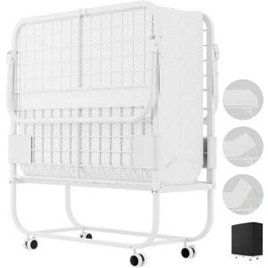 Adjustable Folding Bed with Mattress for Adults, Portable Folding Bed with Backrest, Cot Size Rollaway Bed with Memory Foam Mattress and Metal Frame on Wheels, Guest Bed, 75 x 31, White