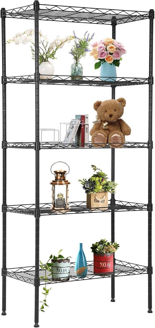 FDW 5 Tier 22L x 12W x 48H Pantry Shelves Adjustable Storage Rack Metal Shelf NSF Shelving Units for Kitchen Garage Small Places Commercial, Black, 221248