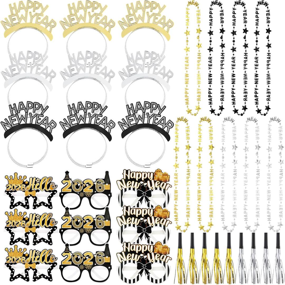 72 Pcs 2026 Decorations Happy New Years 2026 Headband Tiara New Year Eve Glasses Metallic Fringed Noise Makers and Necklaces Black and Gold Silver for Party Favors Decor