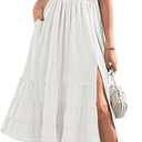 Linsery Women's Summer Square Neck Short Puff Sleeve Casual Smocked Flowy A Line Tiered Split Midi Dress (White, XL)