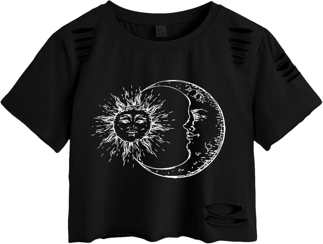 LovelyWholesale Women Graphic Crop Tops Short Sleeve Distressed Tee Casual Summer T Shirt Black Sun and Moon Large