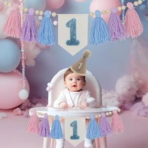 1st Birthday Highchair Banner Decorations Handmade-Pastel Pink,Purple,Blue Colored Tassels with Khaki Cone Hat Wood Bead Garland for Photoshoot Props Photo Backdrop Girl First Birthday Party Decorations