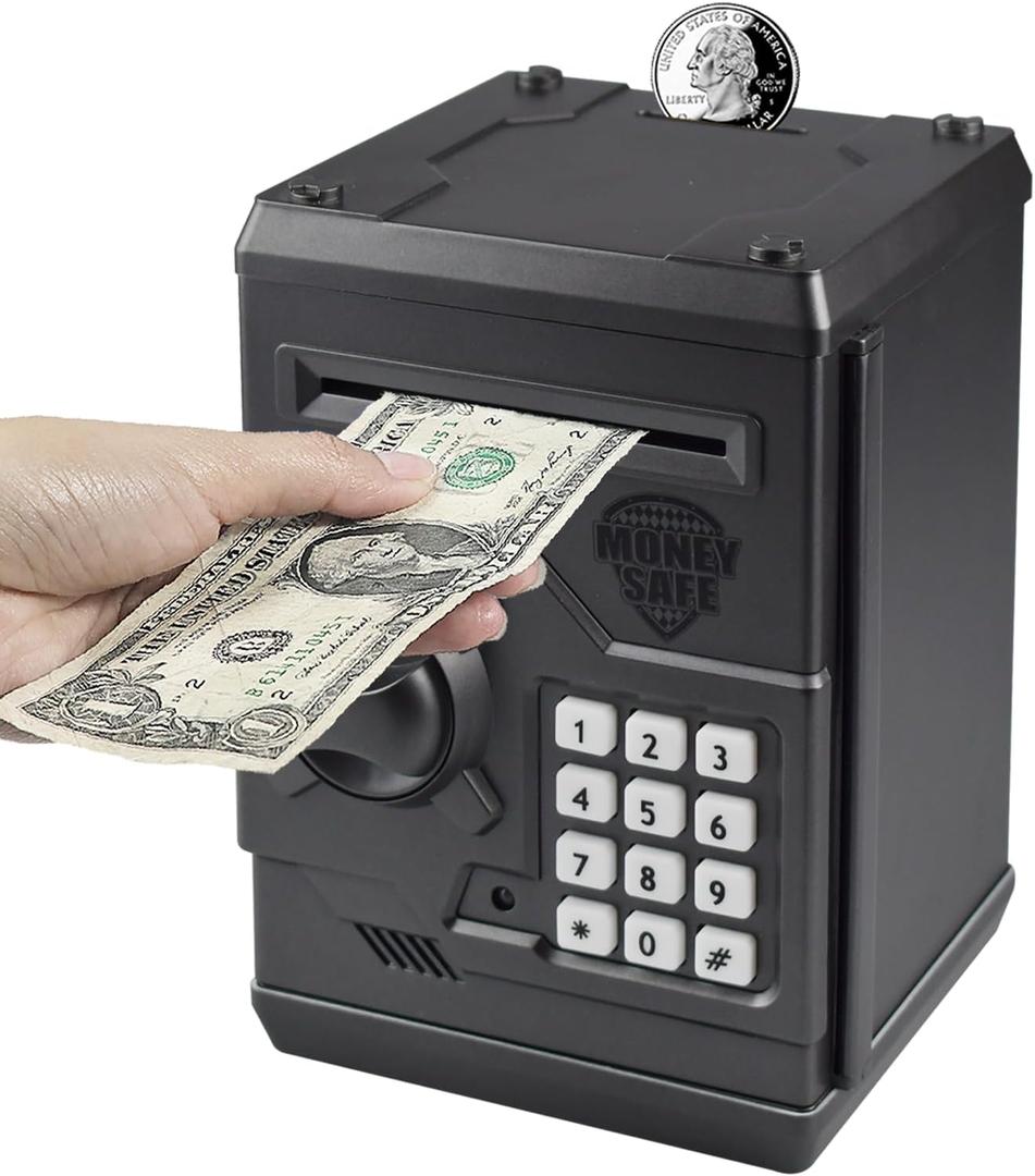 Mini ATM Piggy Bank ATM Machine Best Gift for Kids, Electronic Code Piggy Bank Money Counter Safe Box Coin Bank for Boys Girls Password Lock Case (Dark Grey)