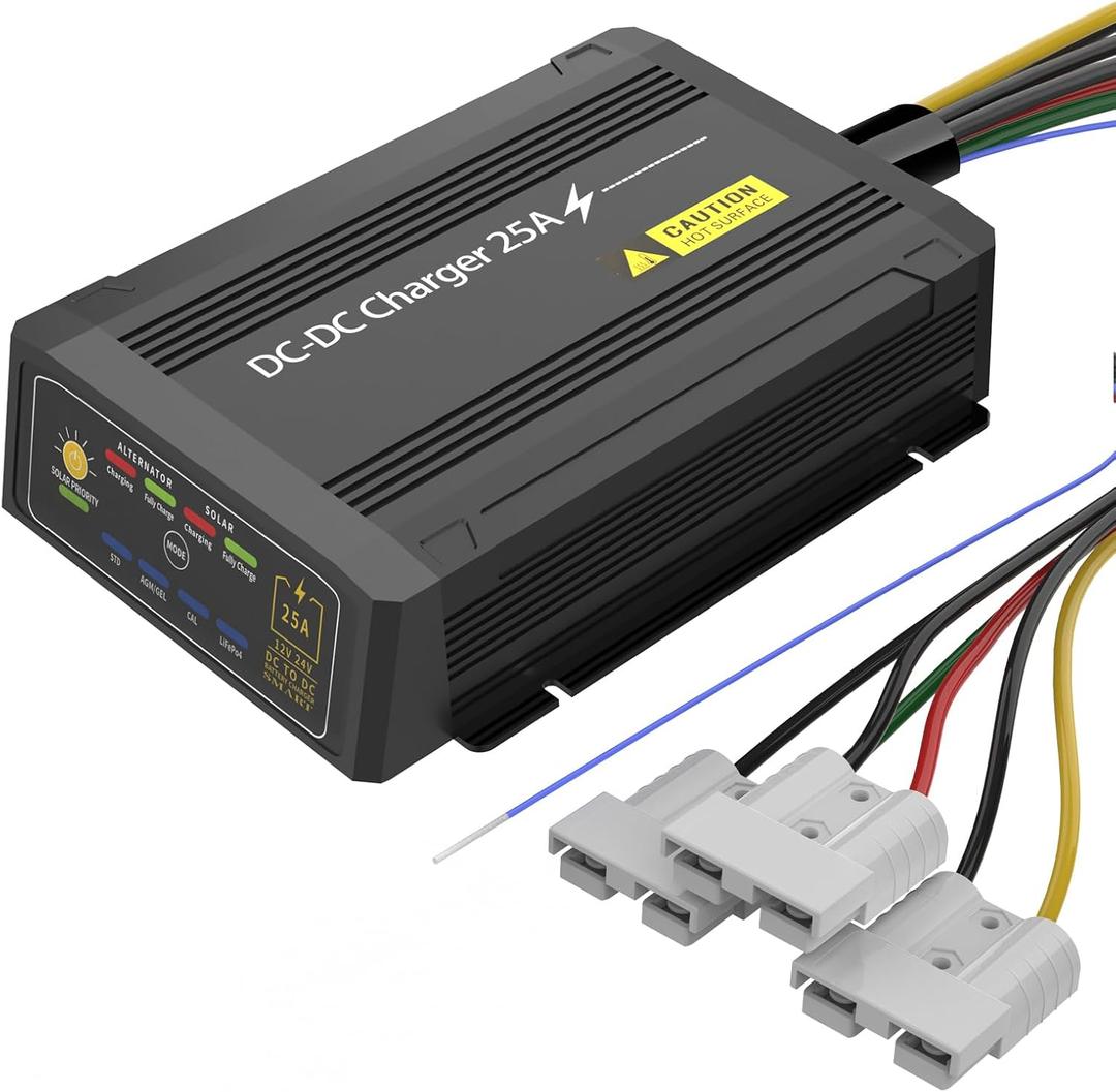 12V 25A DC to DC Charger with MPPT, IP68 Waterproof Smart On-Board Battery Charger with Anderson Plug Solar and Alternator Dual Input Fits for LiFePO4, AGM, STD,Gel, Cal