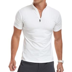 YTD Men's Long/Short Sleeve Polo Shirts Quarter-Zip Casual Slim Fit Mock Neck Basic Designed Cotton Shirts (Large, A1-white)