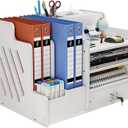 Bamboo Desk Organizer, Desktop Wood Bookshelf File Organizer, Pen Holder and Tissue Holder, 1 Drawer with lock for Office, Home, Need to Install (White)