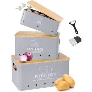 Kitchen Vegetable Storage Set of 3, Metal Onion Garlic Potato Storage Set, Kitchen Canisters Vegetable Keeper Containers with Aerating Holes and Wooden Lid (Grey)