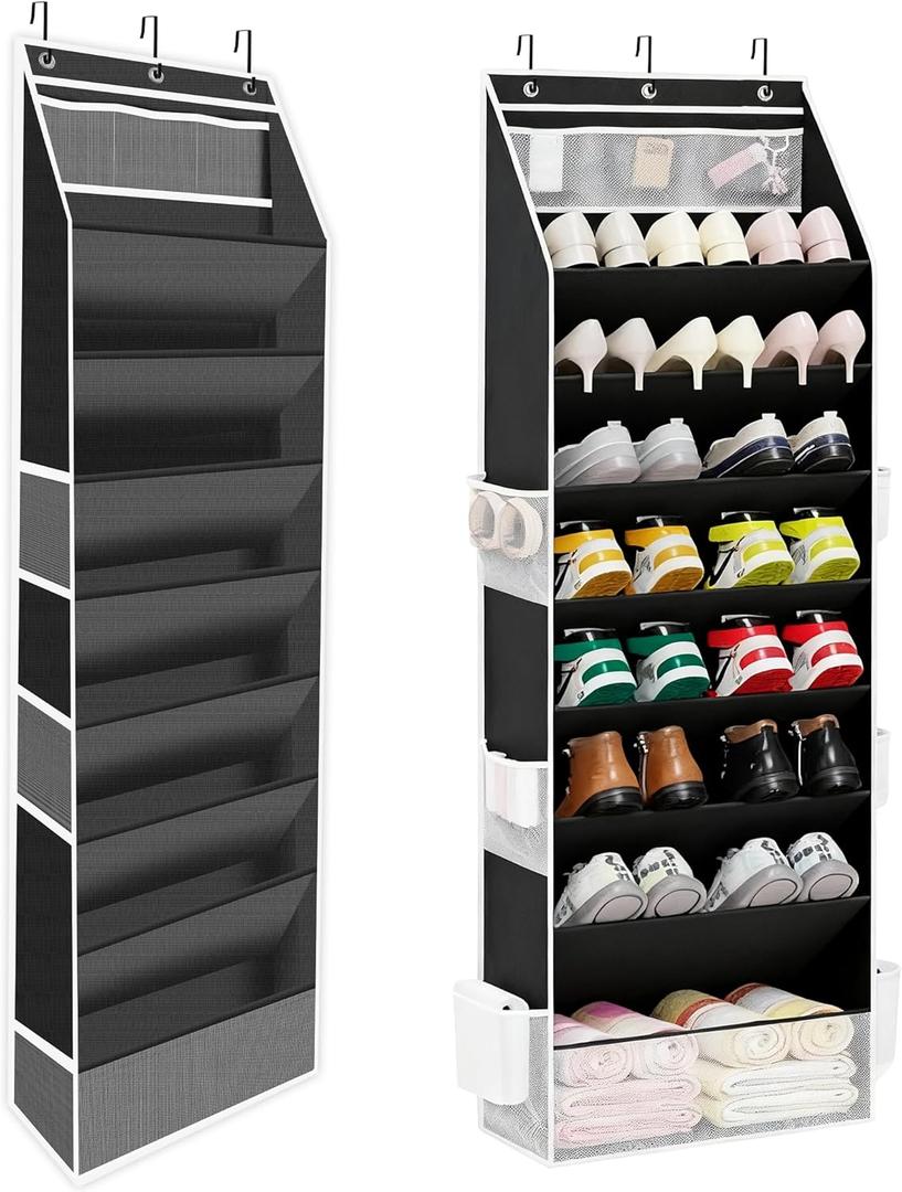 Shoe Organizer - Over the Door Shoe Organizer for Closet, Hanging Closet Shoe Storage with Large Deep Pockets, Holds 14 Pairs of Sneakers, Sandals, Boots, Black