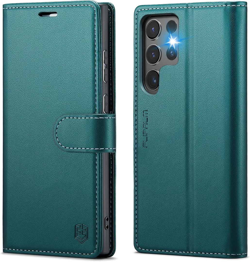 Wallet Case for Samsung Galaxy S24 Ultra, RFID Blocking Credit Card Holder, PU Leather Folio Flip Kickstand Protective Shockproof Cover for Galaxy S24 Ultra (Blue-Green)