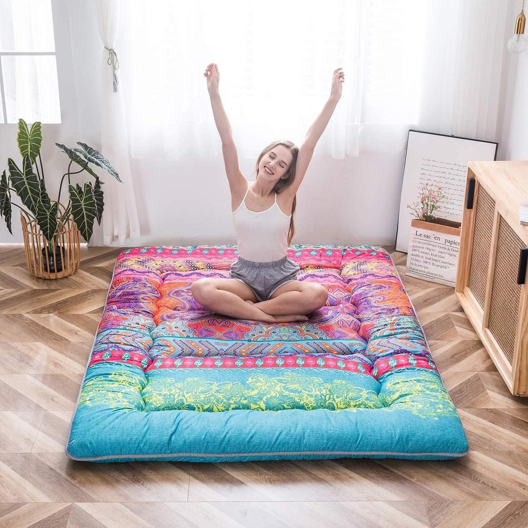 MAXYOYO Bohemian Futon Floor Mattress Boho Floral Style Japanese Tatami Mat Foldable Mattress Portable Camping Sleeping Pad Lounger Couch, Queen