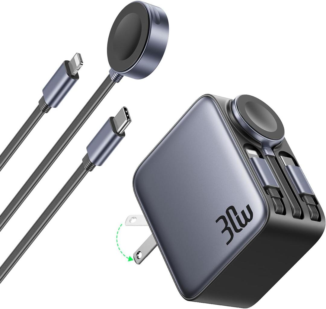 HERRBOL 30W Retractable Charger, 3 in 1 Wall Chargers Block Fast Charging with Apple Watch Charger, Type C&Lightening Cables, Portable iPhone Chargers for iPhone 17 Pro Max,iWatch,AirPods,Samsung,iPad