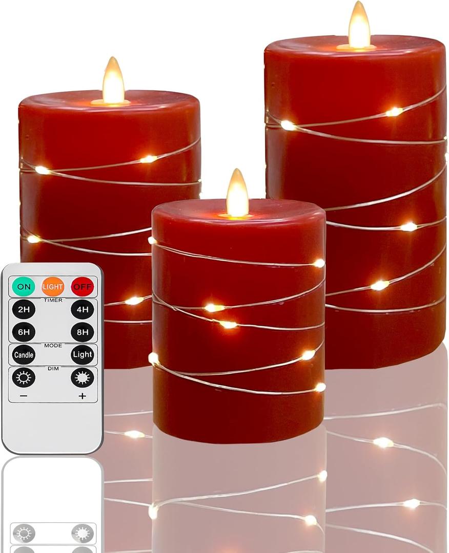 Red flameless Candles with Remote Control Timer Battery Operated LED Pillar Candles 4 5 6 Fake Candles with String Lights Set of 3 for Christmas or Special Festivals Decorations