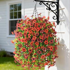 Artificial Hanging Baskets Outdoor, 4 Bundles Artificial Hanging Flowers Outdoors Spring Summer Decoration, No Fade Realistic Fake Hanging Baskets for Porch Patio Balcony Home Yard Decor (Red Brown)
