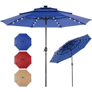 10FT 3-Tier Solar Patio Umbrella with 32 LED Lights, Outdoor Umbrellas with Push Button Tilt and Crank, Tilting Table Umbrella with 8 Sturdy Ribs for Market, Beach, Pool, Garden, Deck, Backyard, Terrace, Restaurant, UV Protection, Navy Blue