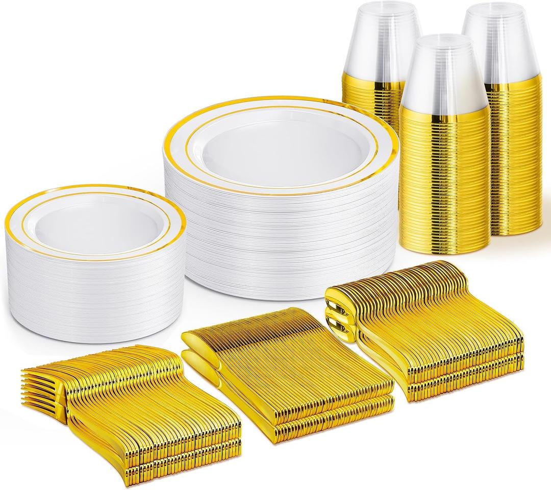 WELLIFE 300 PCS Gold Dinnerware Set for 50 Guests, Gold and White Disposable Plastic Plates for Party, 50 Dinner & Salad Plates, 50 Cups Forks Knives Spoons for Wedding and Party Supplies