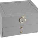 Jewelry Box for Women Girl Wife 3 Layers Large PU Leather Jewelry Organizer Storage Case with Two drawers Display for Earrings Bracelets Rings Watches (Grey)