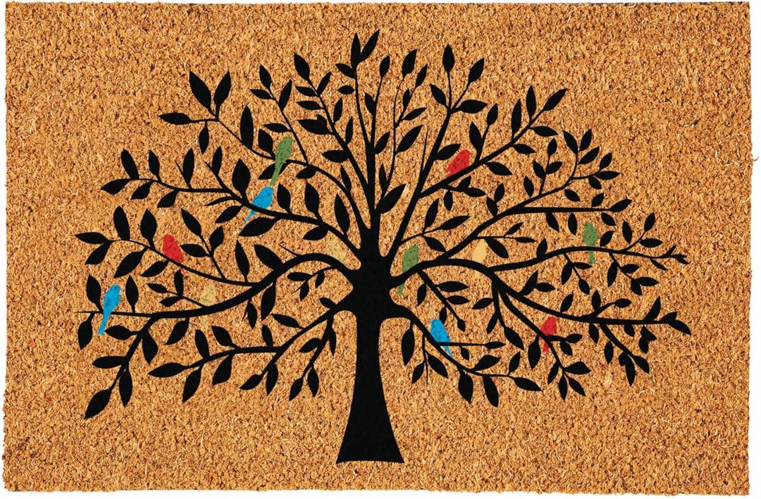 Evergreen Tree of Life Coir Doormat, 24"x36" Large Front Door Mat, Outdoor Indoor Entrance Rug, Non-Slip Welcome Mat for Porch Patio, Housewarming Gift (Multi-Color Birds, 24"x36")