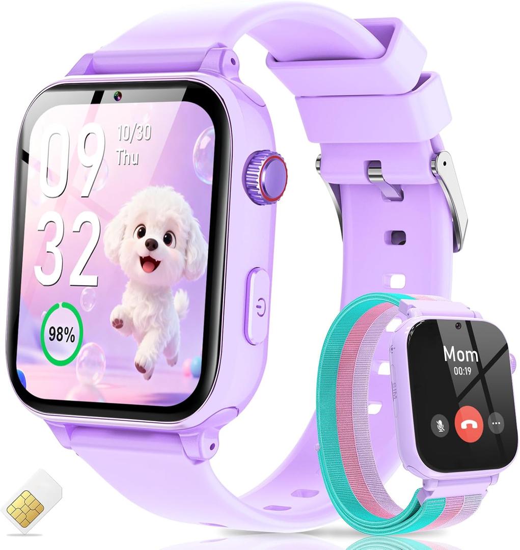 4G Kids Smart Watch with GPS Tracker, Video Call, Texting, and Phone Calls, Smart Watch for Kids with SIM Card, School Mode Alarm Clock SOS Alerts, Watch Gift for Age 4-12 Girls, Purple