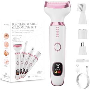 Electric Razor for Women, 4-in-1 Bikini Trimmer & Body Shaver for Nose Hair Face Eyebrow Arms Legs Armpit Underarm Pubic Area, Rechargeable Wet/Dry Painless Hair Removal
