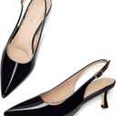 GENSHUO Kitten Heel Slingback Closed Pointed Toe Low Heels Pumps Women 2 Inch Short Strap Dressy Comfortable Wedding Dating Work Shoes Black Patent Size 9