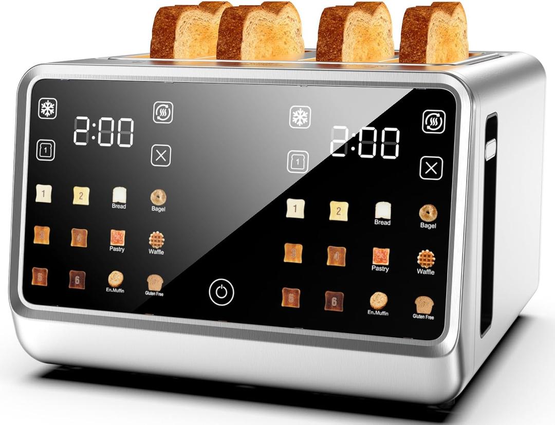 Smart Toaster 4 Slice Wide Slot Dual Digital TouchScreen & Independent Control for Family | 1800W Stainless Steel for 6 Bread Types & Toast Settings | Defrost Reheat & Single-Slice Modes