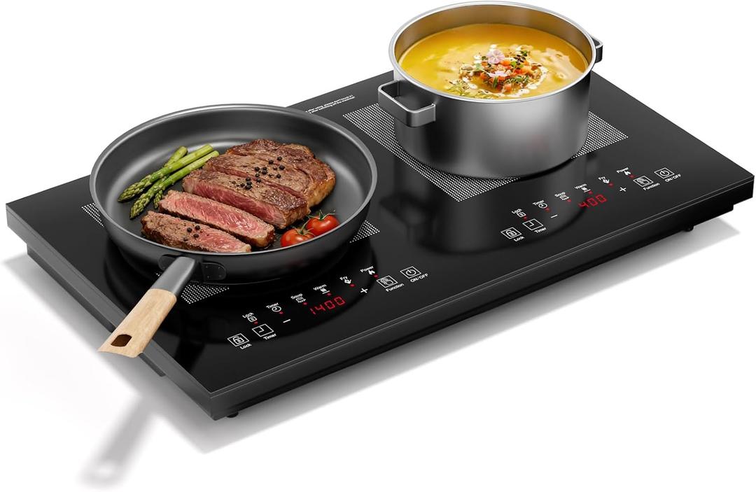 Double Induction Cooktop 1800W, Portable 2 Burner Electric Cooktop with Full Touch Control, 10 Power Levels, 4-Hour Timer, Safety Lock, 110-120V