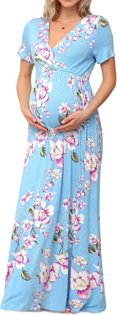 Xpenyo Maternity Maxi Dress Women Casual Wrap Long Baby Shower Pregnancy Dresses, Large