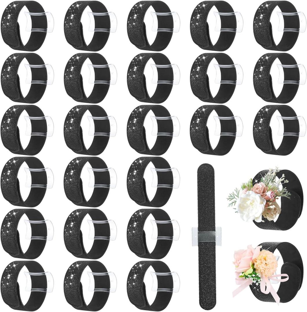 24 Pcs Corsage Wristlet Bands, Floral Wrist Corsage Wedding Bracelets, DIY Wrist Corsages Accessories for Wedding Prom Ceremony Anniversary Bridal Shower Beach Party (Black)