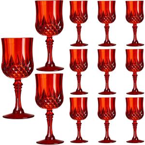 XKXKKE 12 Pcs Red Plastic Wine Glasses, Plastic Water Goblets for Parties, Stemmed Drinking Glasses for Wedding Reception, Grand Event Party Bar Supplies Reusable Drinking Cups