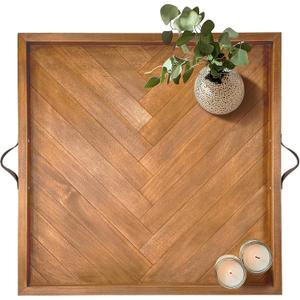 Large Square Ottoman Tray, 23"x23" Wooden Ottoman Trays with Leather Handles, Rustic Decorative Storage Tray for Ottoman