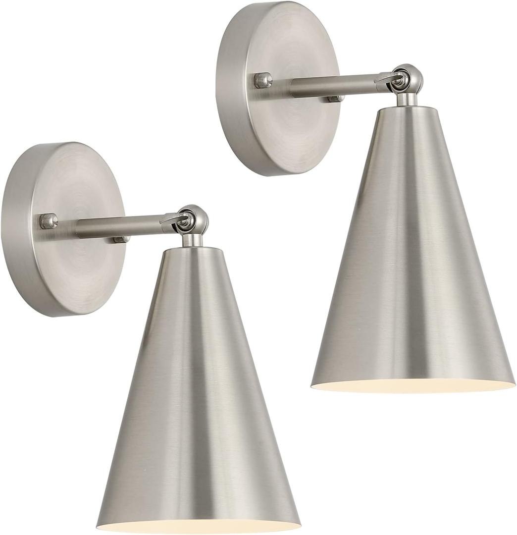 MWZ Brushed Nickel Wall Sconce Set of Two, Modern Sconces Wall Lighting Fixtures with Silver Metal Shade, Indoor Wall Mount Swing Arm Lamp for Bedroom,Bedside,Bar,Kitchen,Hallway