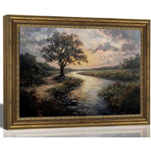 Gold Framed Canvas Wall Art, Serene River Tree Sunset Landscape Painting, Classic Countryside Picture Poster Prints Artwork for Living Room Bedroom Wall Decor,16x24 Inch, 24"Lx16"W