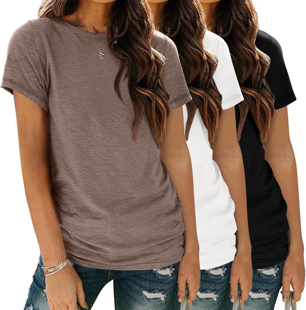 Womens 3 Pack T Shirts Basic Short Sleeve Tees Crewneck Fashion Tops Loose (XX-Large, Brown+white+black)