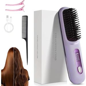 Go Brush Pro, 2026 Upgraded Go Brush Pro Hair Straightener Brush, Travel-Friendly with LCD Temperature Display, Portable Hair Straightener, Fast Heating Cordless Mini Hair Brushs (Purple)