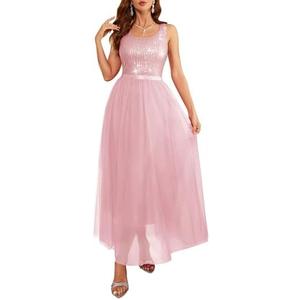 BeryLove Sequin Dress for Woman Vintage A Line Wedding Formal Swing Mesh Dress Sleeveless Cocktail Maxi Gowns (M, Long-Pink)