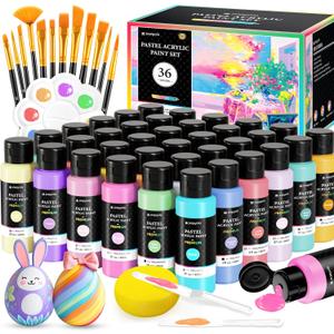 52 PCS Pastel Acrylic Paint Set with 12 Brushes, 2 Knives, Palette & Sponge, 36 Colors (2oz/60ml) Art Craft Paints for Adults Kids Artists Beginners, Canvas Ceramic Rock Eggs Paint Kit Art Supplies