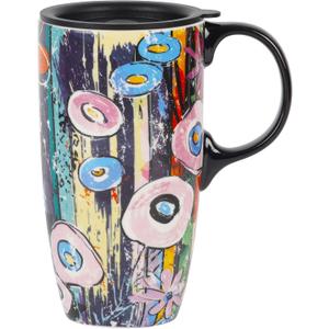 DUSVALLY Ceramic Coffee Mug with Lid and Handle, Porcelain Travel Tea Cup for Latte, Cappuccino and Cocoa, Circular Doodle for Retirement, Housewarming and Graduation, 17 oz