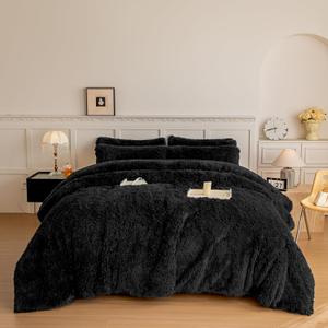 chovy Faux Fur Plush Black Comforter Sets Full/Queen - Ultra Soft Shaggy Flannel Velvet Fluffy Fuzzy 3PC Bedding Set Comforter x 1 Pillowcases x 2 1